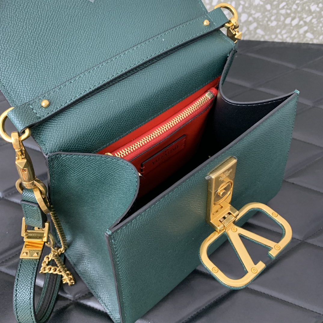 Valentino Garavani Vsling Small Handbag in Dark Green Grainy Calfskin 